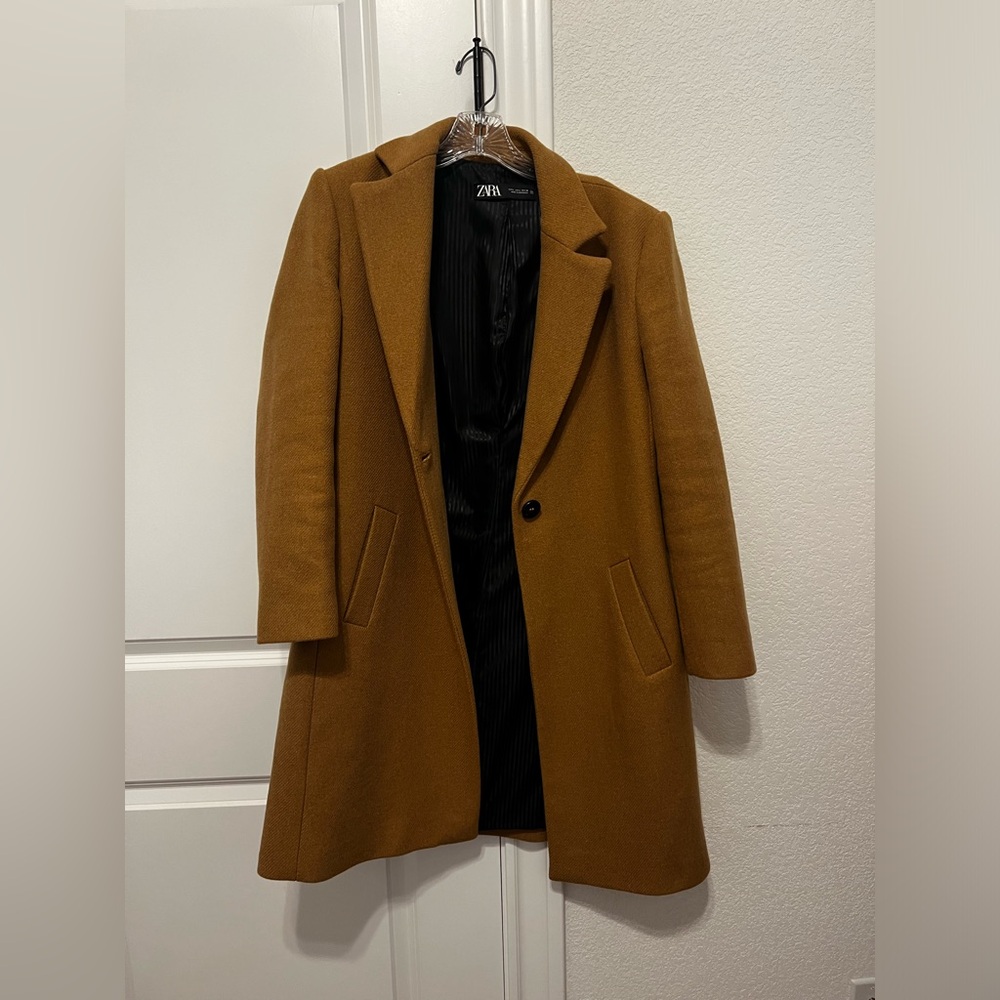 Zara Wool Long Winter Coat - Dark Camel Color - Size Large